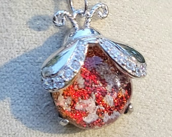 NEW CZ Ladybug Cremation Jewelry Ashes InFused Glass Sterling Silver Urn Necklace