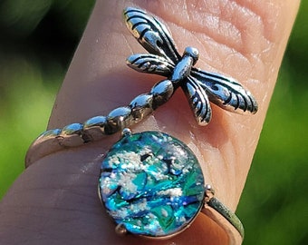 NEW Dragonfly Cremation Ring for Ashes InFused Glass Hard Sterling Silver Urn Adjustable Size Fits 6,7,8,9,10 Half Sizing