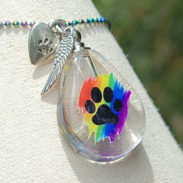 DIY Rainbow Bridge Paw Print Cremation Jewelry Crystal Bottle Urn Necklace for Ashes Sterling Silver Chain Sympathy Gift