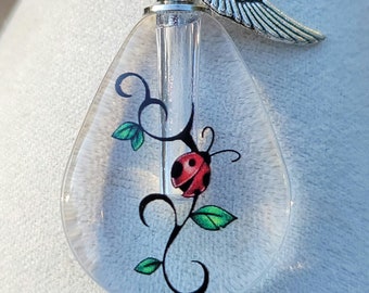 DIY Ladybug Cremation Jewelry Crystal Bottle Urn Necklace for Ashes Sterling Silver Chain Sympathy Gift