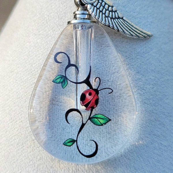 DIY Ladybug Cremation Jewelry Crystal Bottle Urn Necklace for Ashes Sterling Silver Chain Sympathy Gift