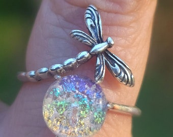 NEW Dragonfly Cremation Ring for Ashes InFused Glass Hard Sterling Silver Urn Adjustable Size Fits 6,7,8,9,10,11,12,13 & Half Sizing