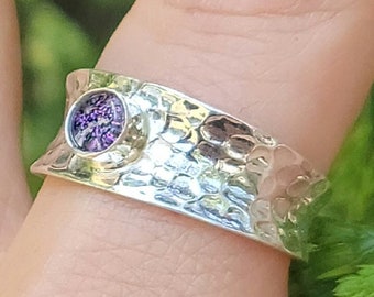 Boho Hammered Cigar Band Cremation Ring  Ashes Infused Glass