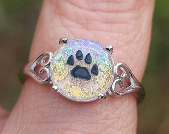 NEW Paw Print Cremation Jewelry Ring Size 7, 8, 9 Ashes InFused Glass Sterling Silver Heart  Memorial Pet Urn 10mm