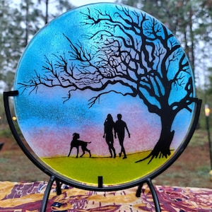 Tree of life Cremation Ashes InFused Glass Family Dog Walk Sunset Urn