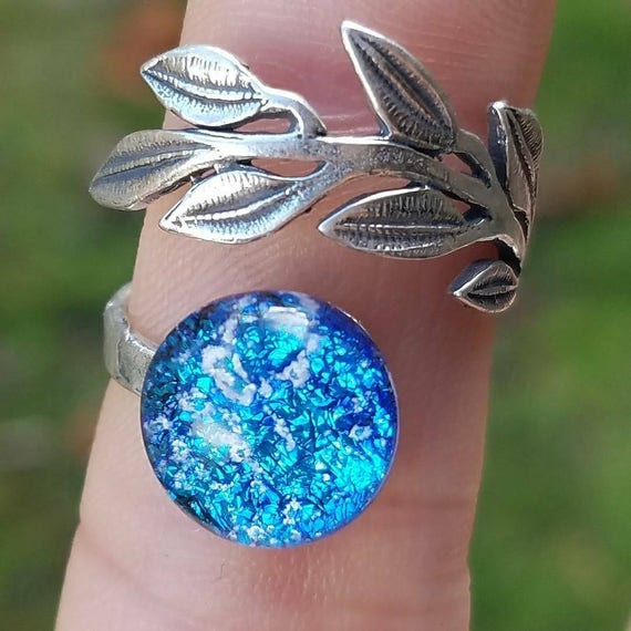 Leaf Ash Ring Cremation Jewelry Urn 7,8 Ashes InFused Glass Sterling Silver