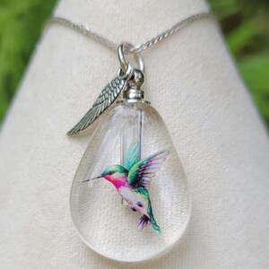 Puede incluir: Un collar de cadena de plata con un colgante de vidrio transparente que presenta una ilustraci&oacute;n de colibr&iacute; colorida. El colgante tiene un dije de ala de plata.