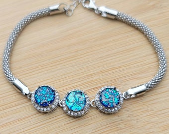 NEW 3 Stone Cremation Ashes InFused Glass Bracelets Italian Sterling Silver Rope Chain CZ Accents