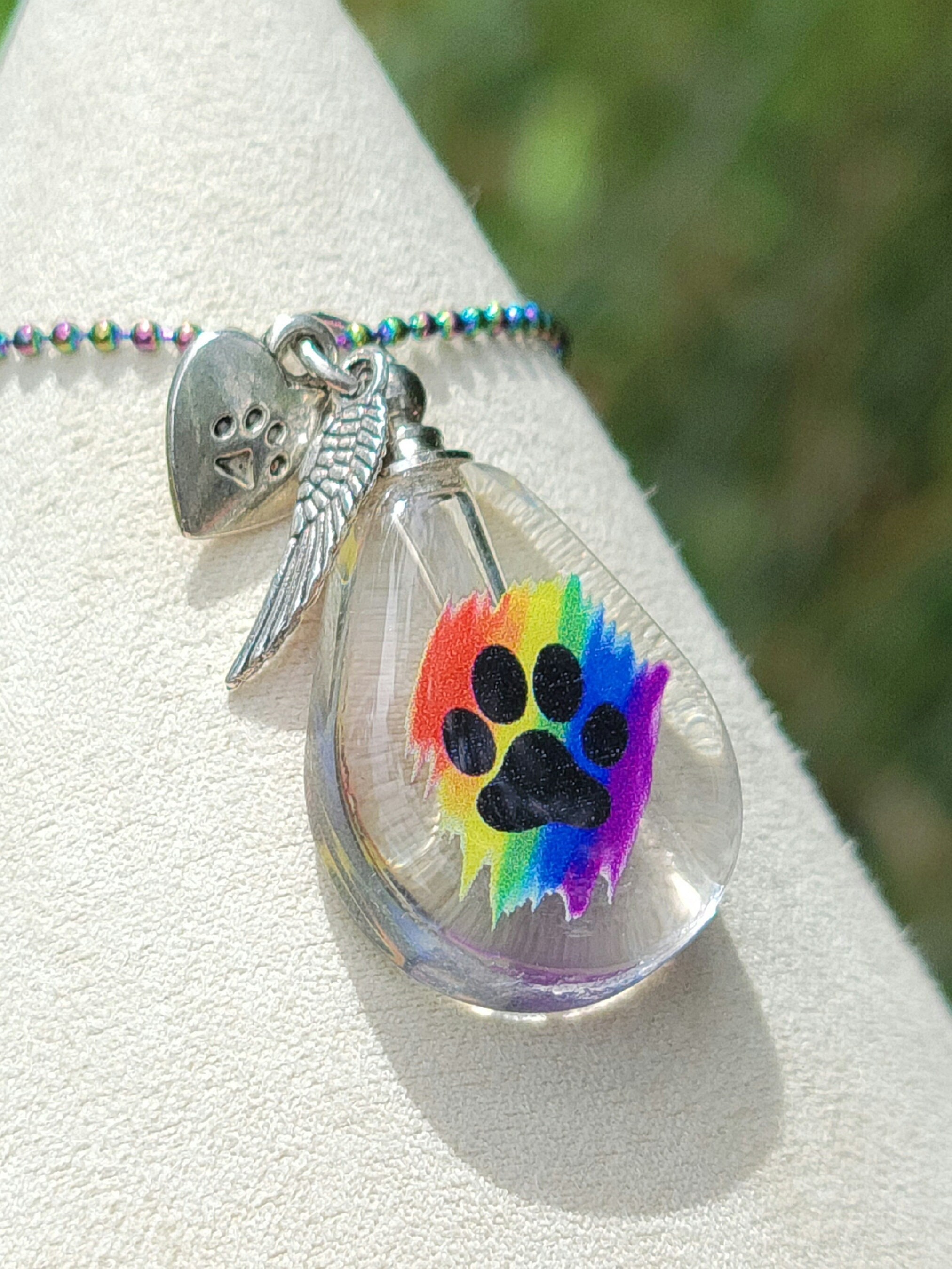 Rainbow Cylinder Necklace for Pet Ashes with Paw Prints