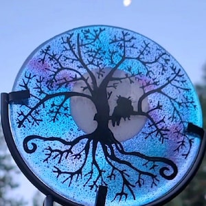 Owl Full Moon Tree of Life  6 inch Cremation Ashes InFused Glass Urn