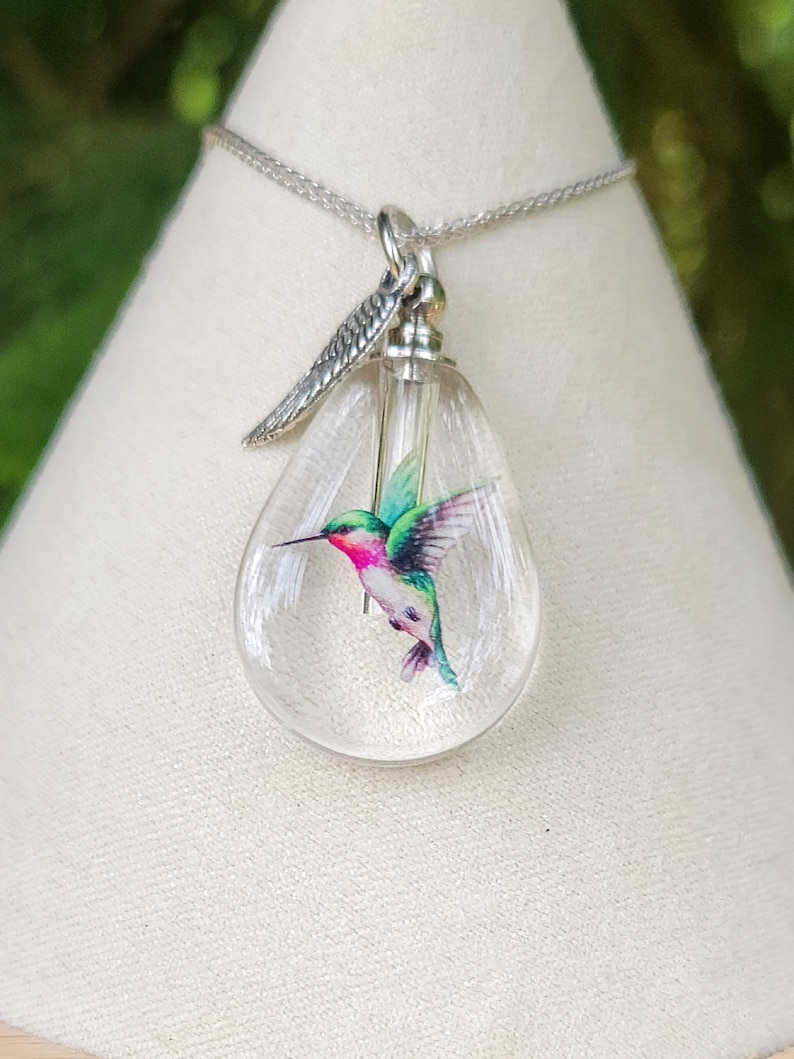 Puede incluir: Un collar de cadena de plata con un colgante de l&aacute;grima de vidrio transparente que presenta una ilustraci&oacute;n de colibr&iacute; colorida. El colgante tiene un dije de ala de plata unido a la parte superior.
