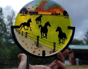 Countryside Horse Pasture Cremation Ashes InFused Glass Urn Rainbow Sunset