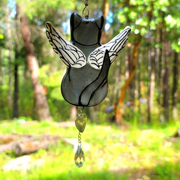 Angel Wing Kitty Cat Ash InFused Glass Cremation Urn Sun Catchers Ashes In Glass Memorial