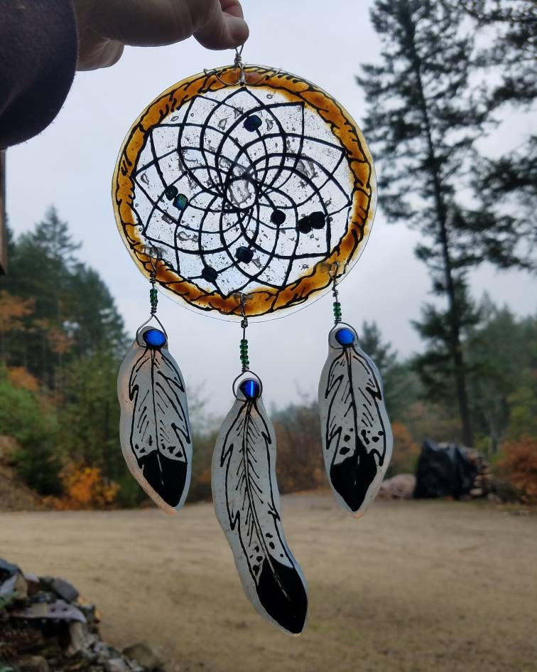 Glass Dream Catcher Cremation Ashes InFused 3 Glass Feathers Suncatcher Urn