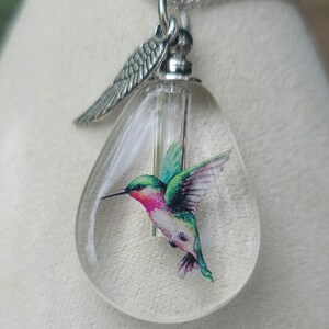Puede incluir: Un collar de plata con un colgante de vidrio transparente que presenta una ilustraci&oacute;n de colibr&iacute;. El colgante tiene un peque&ntilde;o dije de ala de plata adjunto a la parte superior.