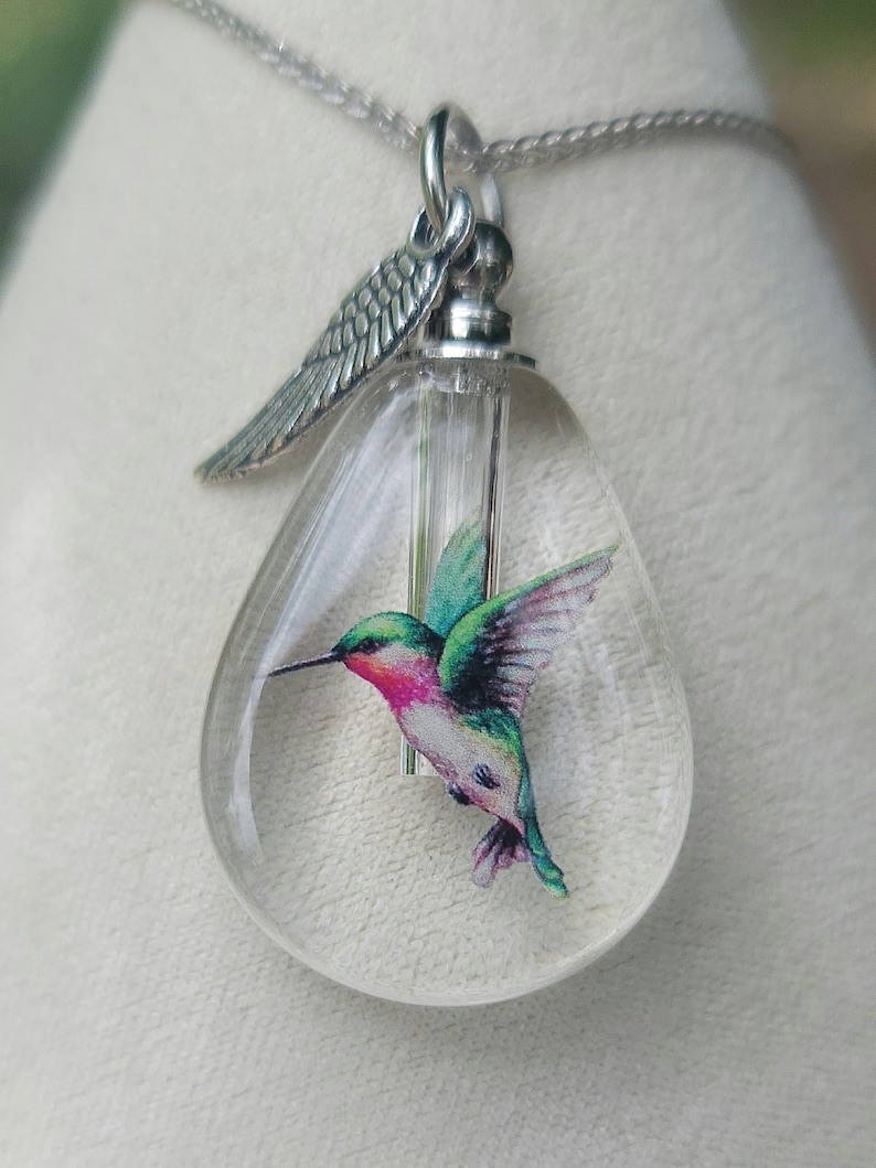 Puede incluir: Un collar de plata con un colgante de vidrio transparente que presenta una ilustraci&oacute;n de colibr&iacute;. El colgante tiene un peque&ntilde;o dije de ala de plata adjunto a la parte superior.