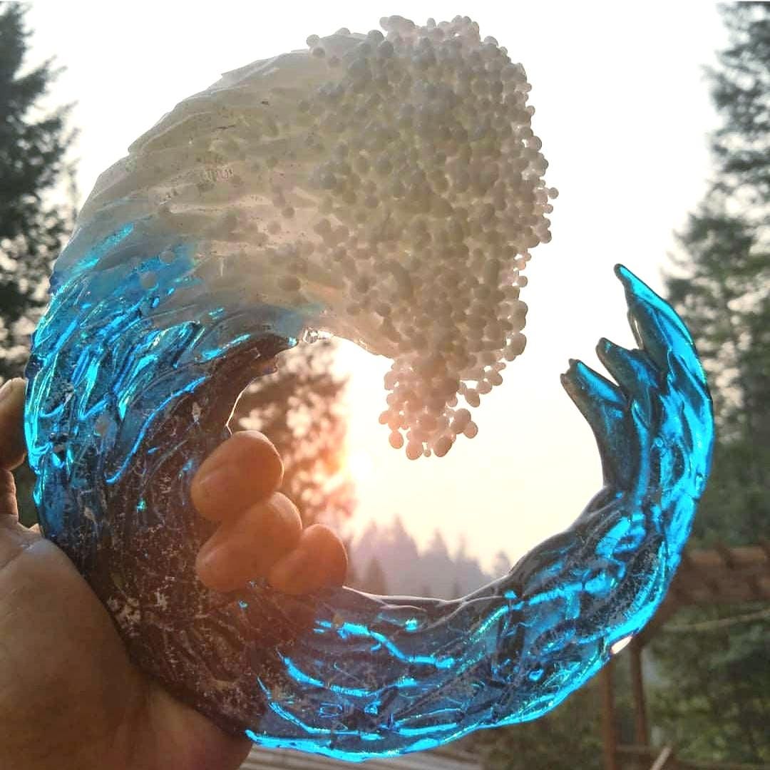 3D Ocean Wave Ashes Infused Glass Cremation Memorial Art Sculpture