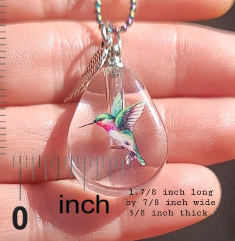 Puede incluir: Un colgante de vidrio transparente con un colibr&iacute; en su interior. El colgante mide 4,7 cm de largo por 2,2 cm de ancho y 1 cm de grosor.