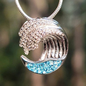 NEW 3D Ocean Wave Cremation Pendant Ashes InFused Glass Ocean Beach Urn Necklace CZ Paved Waves