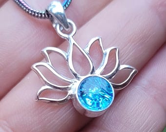 Lotus Flower Ashes Pendant - Sterling Silver Cremation Urn Infused Glass Memorial Necklace
