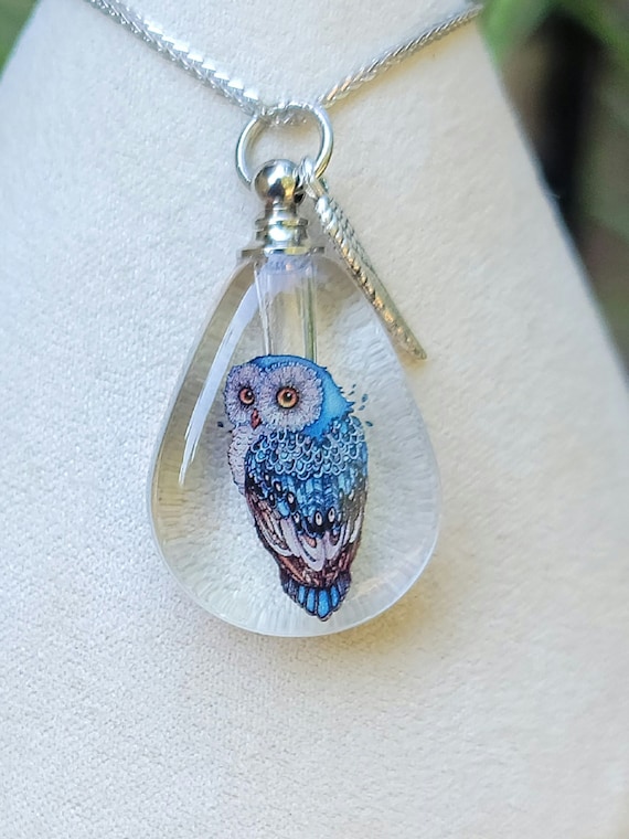 Owl Cremation Urn Tiny Teardrop Crystal Bottle Necklace for Ashes Sterling Silver Chain With Angel Wing DIY Etsy