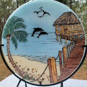 Beach Hut Dolphins Cremation Ashes InFused Glass Ocean Scenery Urn