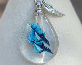 DIY Two Dolphins Ocean Wave Cremation Jewelry Crystal Bottle Urn Necklace for Ashes Sterling Silver Chain Sympathy Gift