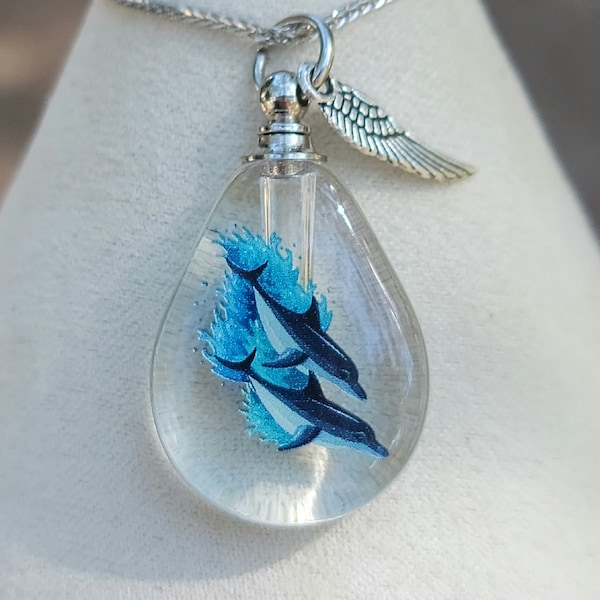 DIY Two Dolphins Ocean Wave Cremation Jewelry Crystal Bottle Urn Necklace for Ashes Sterling Silver Chain Sympathy Gift