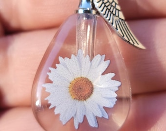 Daisy Flower Cremation Ash Urn Tiny Bottle Angel Wing Necklace