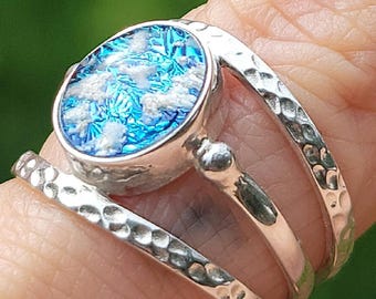 3 Band Cremation Ring Ashes Glass Hammered Balinese Sterling Silver