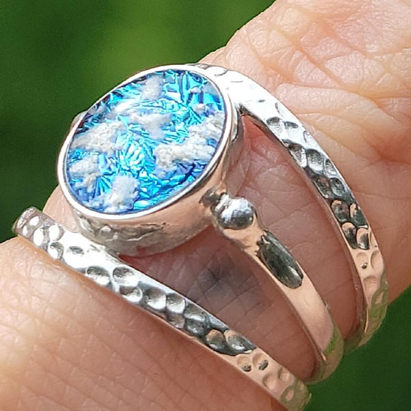3 Band Cremation Ring Ashes Glass Hammered Balinese Sterling Silver