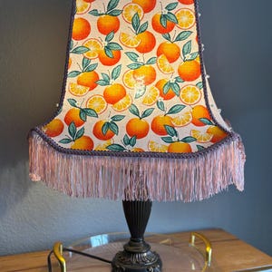 Vintage Orange Fruit Lampshade – Retro Citrus Fabric, Pink Fringe, Beaded Accent, Handmade Detailed Eclectic Decor for Any Room