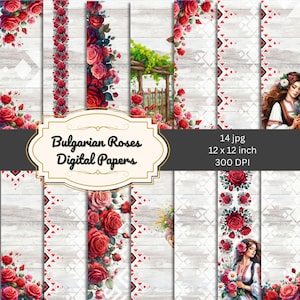 Bulgarian Roses Digital Paper – Folk Rose Scrapbook Backgrounds, Ethnic Floral Papers, 12x12 JPG, Instant Download