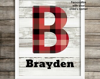 Personalized Baby Boy Nursery Wall Art Woodlands Nursery Child Wall Art Rustic Nursery Red Black White Buffalo Plaid Gift For Baby Shower