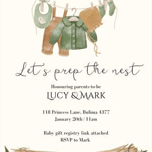 May include: A baby shower invitation with a watercolor illustration of a bird's nest and baby clothes hanging on a clothesline. The text reads "Let's prep the nest" and includes the names "Lucy & Mark", the date "January 20th", and the time "11am".