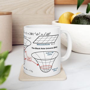 Puede incluir: Una taza de cerámica blanca con diagramas y ecuaciones científicas sobre agujeros negros. La taza incluye el texto "The Black Hole Universe (BHU)" y fórmulas matemáticas en negro y rojo.