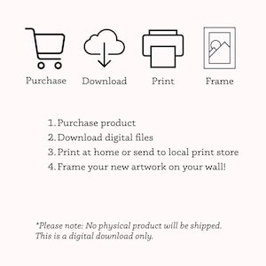 May include: A digital download guide with four icons representing the steps to purchase, download, print, and frame a digital artwork. The text reads: "1. Purchase product 2. Download digital files 3. Print at home or send to local print store 4. Frame your new artwork on your wall! *Please note: No physical product will be shipped. This is a digital download only."