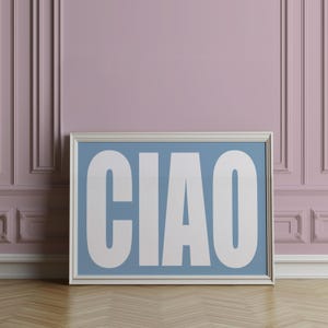 Plakat CIAO - Jasnoniebieski wydruk artystyczny na ścianę, Retro włoska sztuka ścienna, plakat do kuchni, nadmorska sztuka ścienna, uroczy wystrój wózka barowego, plakat typograficzny