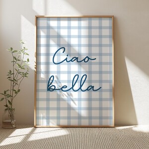 Puede incluir: Una impresi&oacute;n enmarcada con un patr&oacute;n de cuadros azules y blancos y el texto "Ciao bella" en escritura cursiva azul.