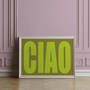 Plakat CIAO - wydruk w kolorze limonkowym, retro włoska sztuka ścienna, plakat do kuchni, sztuka ścienna z cytatem Ciao, uroczy wystrój wózka barowego, plakat typograficzny
