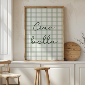 May include: A framed print with a green and white gingham pattern and the text "Ciao bella" in green script.