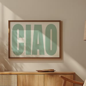 CIAO ポスター - セージグリーンプリント、レトロなイタリアンウォールアート、キッチンポスター、Ciao の名言ウォールアート、かわいいバーカートの装飾、タイポグラフィポスター
