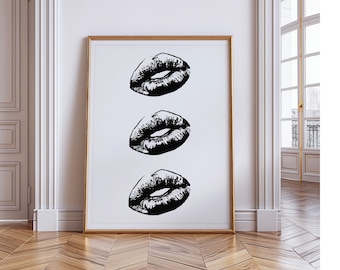 Kiss Lips Retro Aesthetic Poster - Black and White Wall Art - Bedroom Wall Art - Girly Dorm Decor  - Digital Download - Makeup Fashion Wall