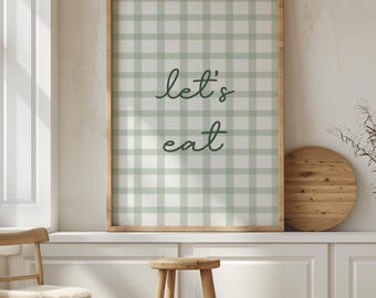 Póster "LET'S EAT" - Arte mural verde salvia, decoración estética de cocina, decoración de comedor a cuadros, arte mural moderno, arte mural imprimible