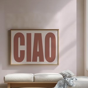 Plakat CIAO - Cafe Brown Print, Retro Italian Wall Art, Plakat do kuchni, Ciao Quote Wall Art, Uroczy wystrój wózka barowego, Plakat typograficzny