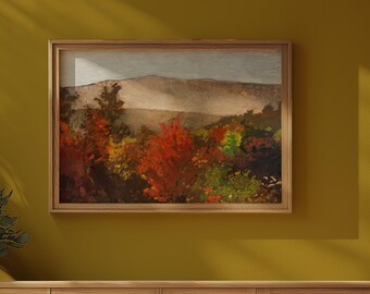 Warm Autumn Treetops Landscape Painting Printable Art - Vintage Landscape Art Print - Rustic Fall Cottagecore Decor - Digital Download