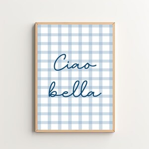 Puede incluir: Una impresi&oacute;n enmarcada con un patr&oacute;n de cuadros azules y blancos y el texto "Ciao bella" en escritura cursiva azul.
