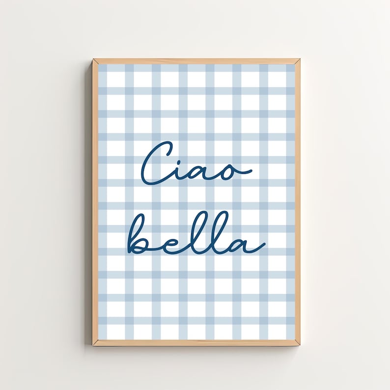 Puede incluir: Una impresi&oacute;n enmarcada con un patr&oacute;n de cuadros azules y blancos y el texto "Ciao bella" en escritura cursiva azul.