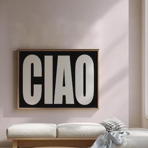 Plakat CIAO - Czarno-biały wydruk, Retro włoska sztuka ścienna, Plakat do kuchni, Sztuka ścienna z cytatem Ciao, Uroczy wystrój wózka barowego, Plakat typograficzny