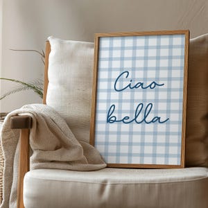 Puede incluir: Una impresi&oacute;n enmarcada con un patr&oacute;n de cuadros azules y blancos y el texto "Ciao bella" en escritura cursiva azul.
